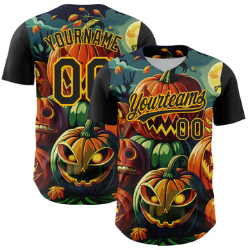 Maxcorners Custom Black Gold 3D Halloween Authentic Baseball Jersey LM2605