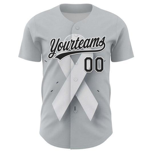 Maxcorners Custom Gray Black White 3D Lung Cancer Ribbon Authentic Baseball Jersey LM2605