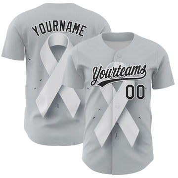 Maxcorners Custom Gray Black White 3D Lung Cancer Ribbon Authentic Baseball Jersey LM2605