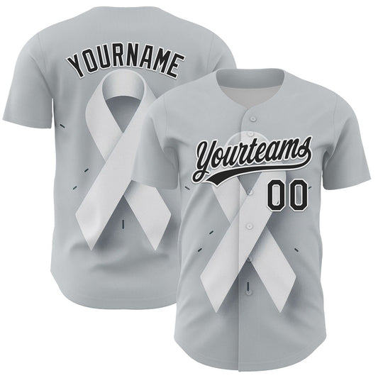 Maxcorners Custom Gray Black White 3D Lung Cancer Ribbon Authentic Baseball Jersey LM2605