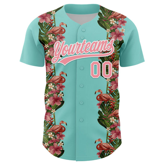 Maxcorners Custom Ice Blue Medium Pink-White 3D Tropical Hawaii Plant And Flamingo Authentic Baseball Jersey LM2605