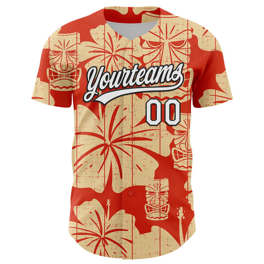 Maxcorners Custom Red White-Black 3D Tropical Hawaii Flower And Tiki Mask Authentic Baseball Jersey LM2605