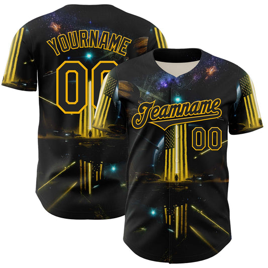 Maxcorners Custom Blue Navy-White 3D Pattern Design Outer Space Light Swords American Flag Premium Baseball Jersey LM0210