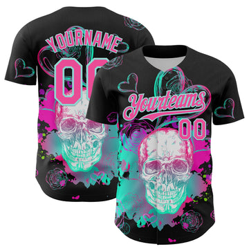 Maxcorners Custom Black Pink-Ice Blue 3D Pattern Design Trippy Magic Mushrooms Skull Authentic Baseball Jersey LM2605