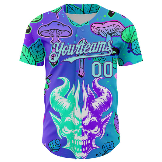 Maxcorners Custom Blue Ice Blue-Purple 3D Pattern Design Trippy Magic Mushrooms Demon Skull Premium Baseball Jersey LM0210