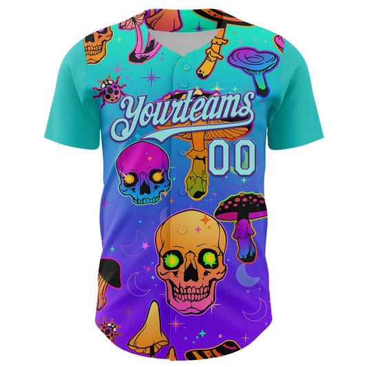 Maxcorners Custom Blue Ice Blue-Purple 3D Pattern Design Trippy Magic Mushrooms Skull Premium Baseball Jersey LM0210