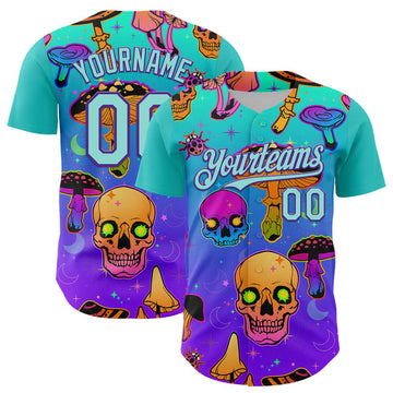 Maxcorners Custom Blue Ice Blue-Purple 3D Pattern Design Trippy Magic Mushrooms Skull Authentic Baseball Jersey LM0609