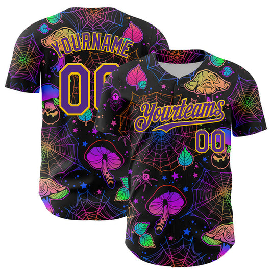 Maxcorners Custom Black Purple-Yellow 3D Pattern Design Trippy Magic Mushrooms Spider Web Authentic Baseball Jersey LM0609