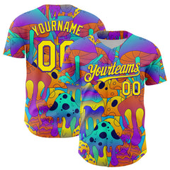 Maxcorners Custom Purple Light Yellow 3D Pattern Design Trippy Magic Mushrooms Trance Authentic Baseball Jersey LM0609