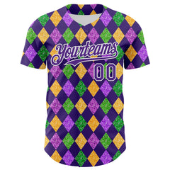 Maxcorners Custom Purple White 3D Pattern Design Mardi Gras Shrove Tuesday Premium Baseball Jersey LM0210
