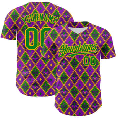 Maxcorners Custom Purple Grass Green-Gold 3D Pattern Design Mardi Gras Shrove Premium Baseball Jersey LM0210