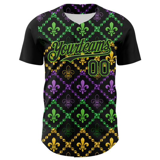 Maxcorners Custom Black Aurora Green 3D Pattern Design Mardi Gras Shrove Tuesday Authentic Baseball Jersey LM2605