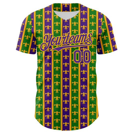 Maxcorners Custom Green Purple-Gold 3D Pattern Design Mardi Gras Shrove Tuesday Authentic Baseball Jersey LM2605
