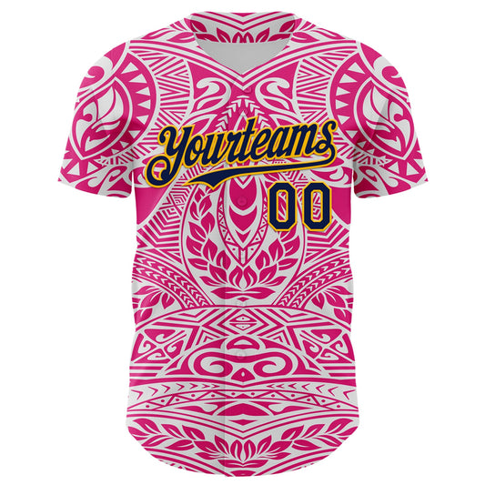 Maxcorners Custom Hot Pink Navy-Gold 3D Pattern Design Burner Costumes Ethnic Floral Premium Baseball Jersey LM0210