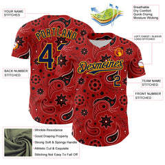 Maxcorners Custom Red Navy-Gold 3D Pattern Design Burner Costumes Paisley Bandana Premium Baseball Jersey LM0210