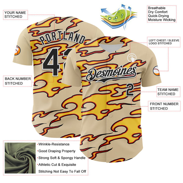 Maxcorners Custom City Cream Black-White 3D Pattern Design Rave Party Flame Premium Baseball Jersey LM0210