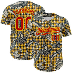 Maxcorners Custom Black Red-Yellow 3D Pattern Design Rave Party Tattoos Disco Authentic Baseball Jersey LM0609