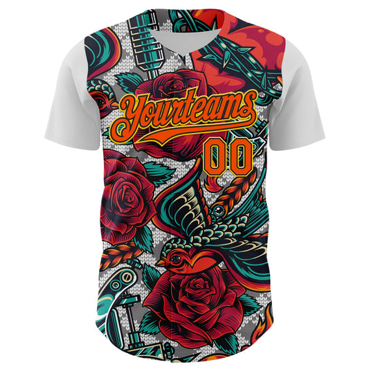 Maxcorners Custom White Orange Black-Yellow 3D Pattern Design Rave Party Roses Vintage Tattoos Premium Baseball Jersey LM0210