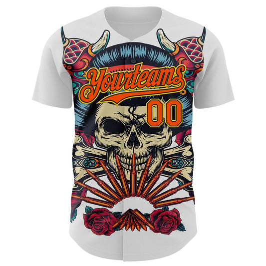 Maxcorners Custom White Orange Black-Yellow 3D Pattern Design Rave Party Vintage Geisha Skull Premium Baseball Jersey LM0210