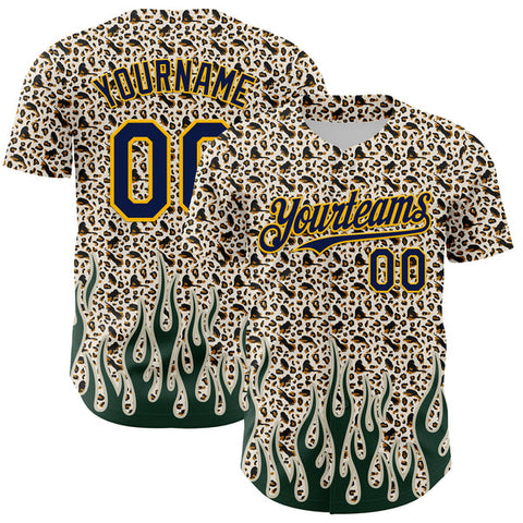 Maxcorners Custom Cream Navy-Gold 3D Pattern Design Rave Party Animal Leopard Print Authentic Baseball Jersey
 LM0609
