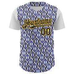 Maxcorners Custom White Black Royal-Gold 3D Pattern Design Rave Party Monogram Geometric Shape Premium Baseball Jersey LM0210