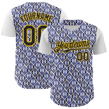 Maxcorners Custom White Black Royal-Gold 3D Pattern Design Rave Party Monogram Geometric Shape Premium Baseball Jersey LM0210