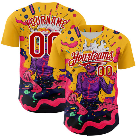 Maxcorners Custom Gold Red-White 3D Pattern Design Rave Party Trippy Disco Authentic Baseball Jersey
 LM0609