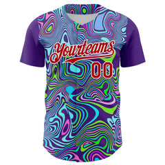 Maxcorners Custom Purple Red-White 3D Pattern Design Rave Party Trippy Laser Fluid Premium Baseball Jersey LM0210