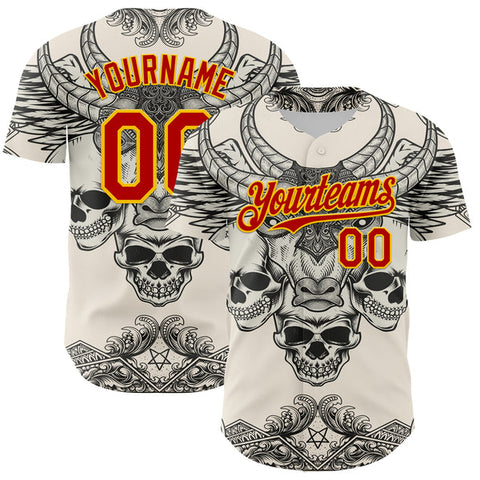 Maxcorners Custom Cream Red-Yellow 3D Pattern Design Burner Costumes Hell Skull Authentic Baseball Jersey
 LM0609