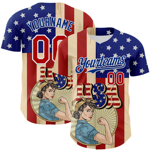 Maxcorners Custom White Red-Blue 3D American Flag Premium Baseball Jersey LM0210