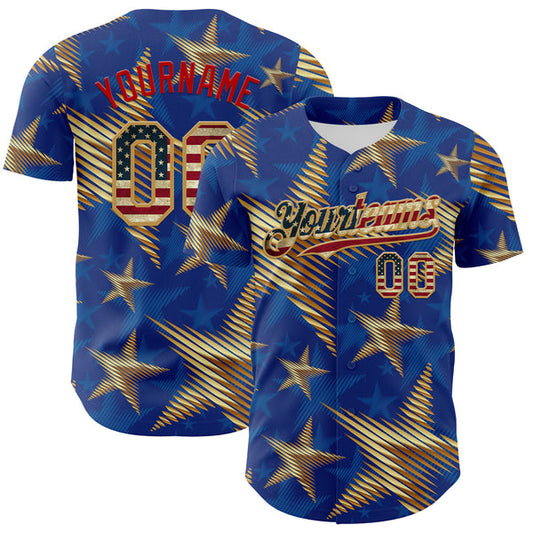 Maxcorners Custom Royal Vintage USA Flag Old Gold-Red 3D American Flag America-Inspired Stars Authentic Baseball Jersey
 LM0609
