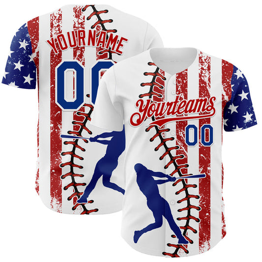Maxcorners Custom White Royal-Red 3D American Flag Authentic Baseball Jersey LM0609