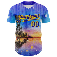 Maxcorners Custom Blue Dark Purple-Gold 3D Pattern Design Manhattan Bridge New York Sunset Premium Baseball Jersey LM0210