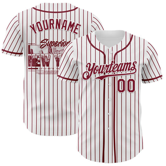 Maxcorners Custom White Crimson Pinstripe Crimson 3D Pattern Design New York Cityscape Authentic Baseball Jersey
 LM0609