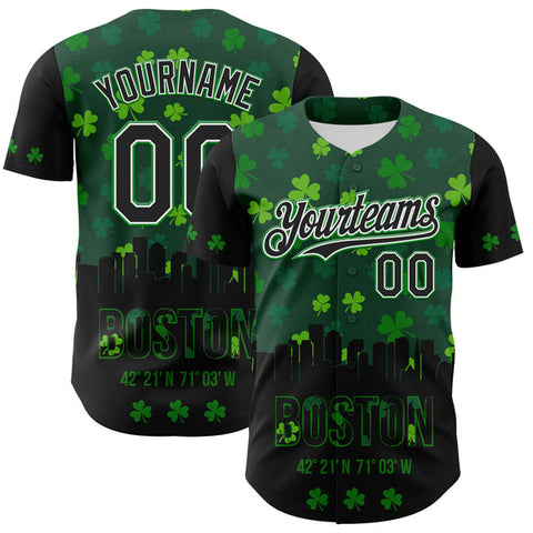 Maxcorners Custom Black White-Grass Green 3D Pattern Design Boston Cityscape Shamrock Authentic St. Patrick's Day Baseball Jersey
 LM0609