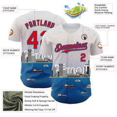 Maxcorners Custom White Fire Red-Blue 3D Pattern Design Detroit Cityscape Skyline Premium Baseball Jersey LM0210