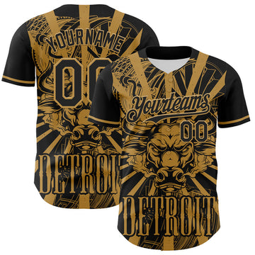 Maxcorners Custom Black Old Gold 3D Pattern Design Detroit Cityscape Steampunk Engine Bull Authentic Baseball Jersey LM0609