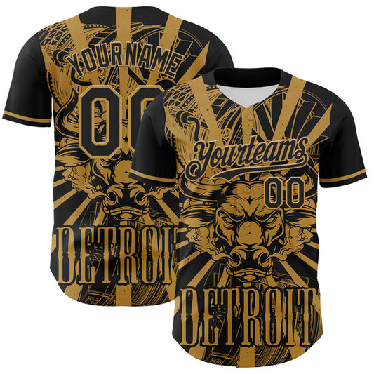 Maxcorners Custom Black Old Gold 3D Pattern Design Detroit Cityscape Steampunk Engine Bull Authentic Baseball Jersey LM0609