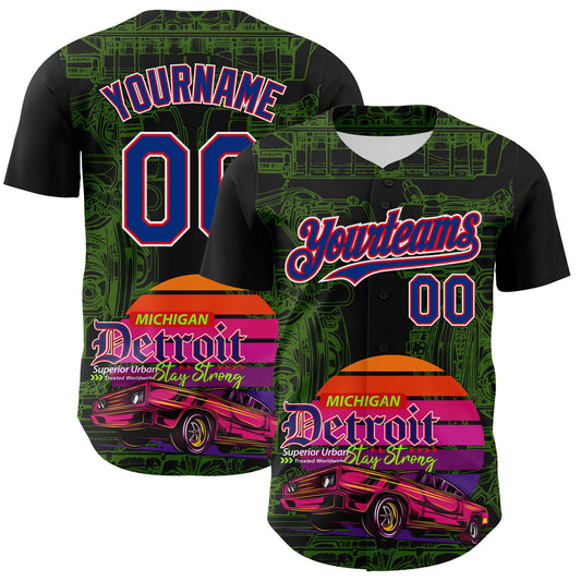 Maxcorners Custom Black Royal Green Fire Red-White 3D Pattern Design Detroit Cityscape Muscle Car Engine Premium Baseball Jersey LM0210