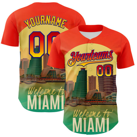 Maxcorners Custom Orange Green Yellow-Dark Purple 3D Pattern Design Gradient Miami Cityscape Sunset Authentic Baseball Jersey
 LM0609
