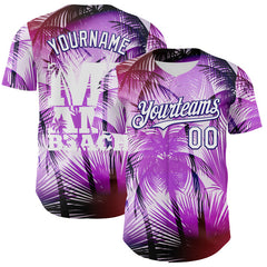 Maxcorners Custom Purple White-Dark Purple 3D Pattern Design Gradient Miami Cityscape Hawaii Tropical Palm Tree Authentic Baseball Jersey LM0609