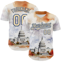 Maxcorners Custom White Cream-Royal 3D Pattern Design Washington Cityscape United States Capitol Authentic Baseball Jersey
 LM0609