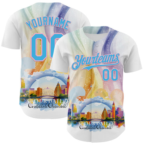 Maxcorners Custom White Sky Blue-Light Pink 3D Pattern Design Orlando Cityscape Skyline Authentic Baseball Jersey
 LM0609