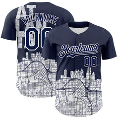 Maxcorners Custom Navy White 3D Pattern Design Atlanta Cityscape Urban Map Authentic Baseball Jersey LM0609