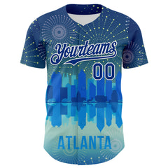 Maxcorners Custom Blue Royal-White 3D Pattern Design Atlanta Cityscape Fireworks Premium Baseball Jersey LM0210