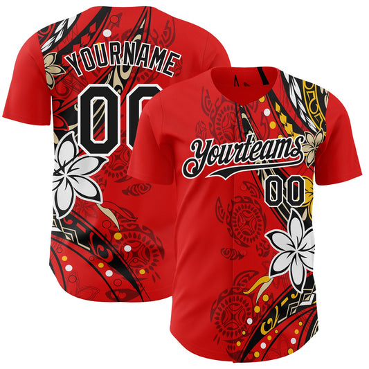 Maxcorners Custom Red Black-White Hawaii Flower Authentic Baseball Jersey LM2605