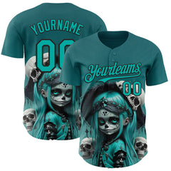 Maxcorners Custom Blue Aqua-Black 3D Halloween Spooky Skull Authentic Baseball Jersey LM0609
