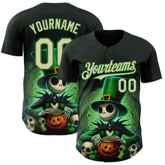 Maxcorners Custom Black City Cream-Grass Green 3D Halloween Spooky Pumpkin Authentic Baseball Jersey LM0609