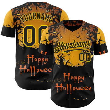 Maxcorners Custom Yellow Black 3D Halloween Spooky Pumpkin Authentic Baseball Jersey LM2605