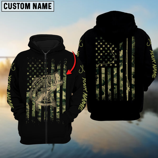 Maxcorners Bass Fishing Camo American Flag Personalized Name, Team Name 3D Long Sleeve Shirt